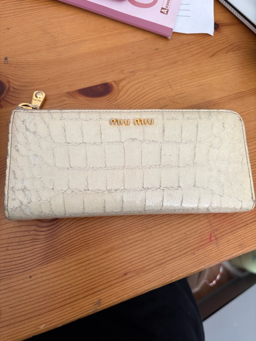 Miu Miu Cream Croc-Effect Zip Around Wallet with Gold Logo
